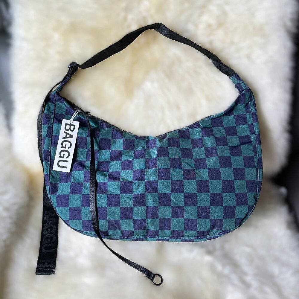 NWT Baggu Large Crescent Bag - Navy Green Check - Picture 3 of 5